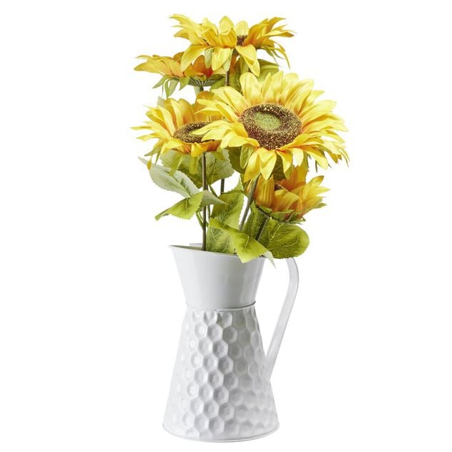 Bouquet de tournesols artificiels dans pichet m&eacute;tal blanc r&eacute;tro &Oslash;25xH40cm