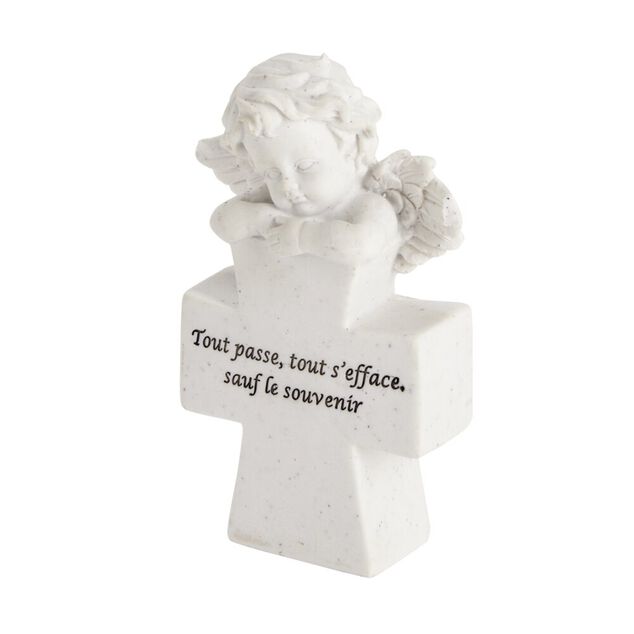 D&eacute;coration fun&eacute;raire ange pensif sur croix polyr&eacute;sine 12x5xH17cm