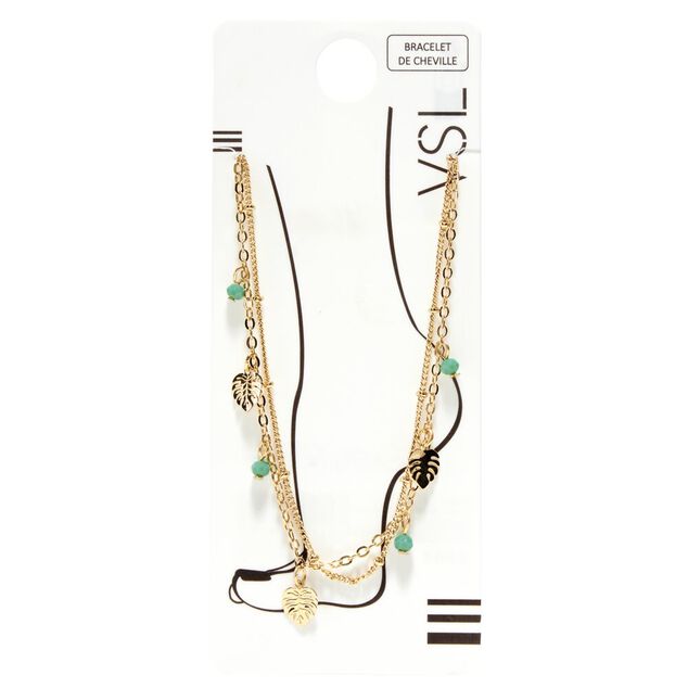 Chaîne à 2 rangs pendentifs feuille de monstera et perles