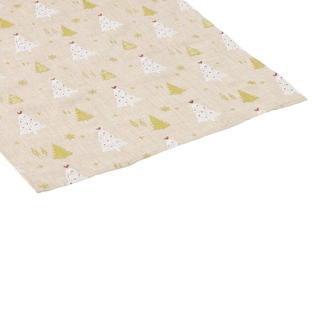 Chemin de table imprim&eacute; sapins de No&euml;l L250X45 cm marron blanc et dor&eacute;