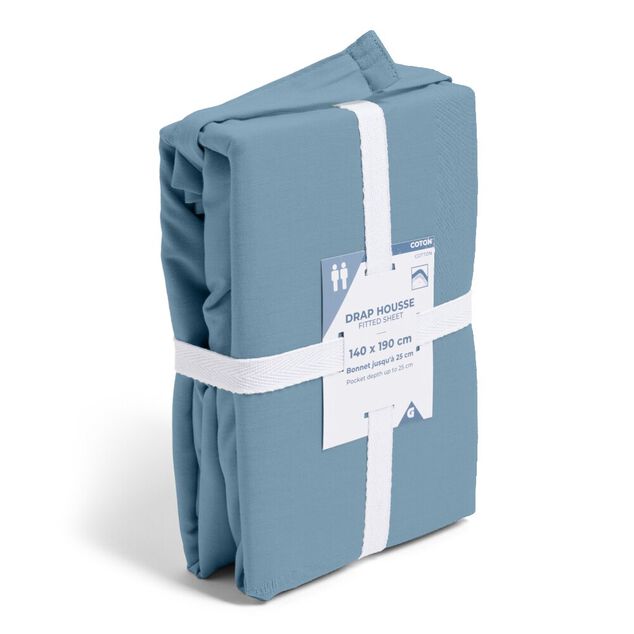 Drap housse 140x190cm 100% coton bleu chin&eacute;