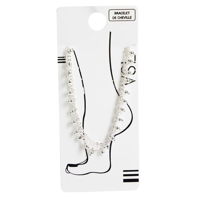 Cha&icirc;ne de cheville 2 rangs maille fine et perles argent&eacute;