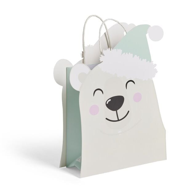 Sac cadeau No&euml;l en papier forme t&ecirc;te ours blanc 25,5xH31,5cm