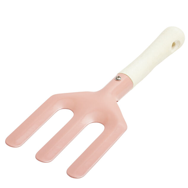 R&acirc;teau enfant pour jardin en m&eacute;tal rose et manche bois L20cm