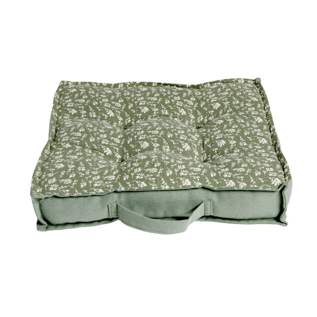 Coussin de sol carr&eacute; vert sapin motif floral blanc 40x40cm