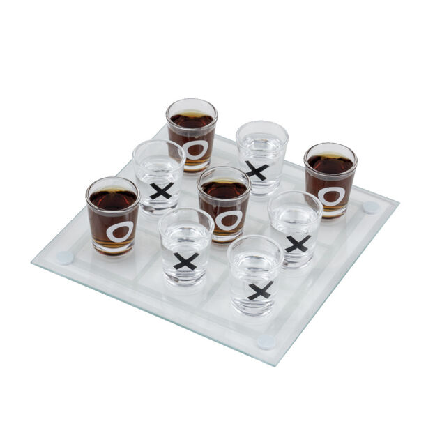 Jeu de morpion &agrave; boire avec shooters et plateau en verre 20x20cm