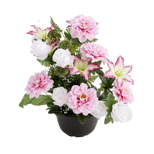 Composition florale artificielle dalhia/lys/roses blanc et rose H52cm