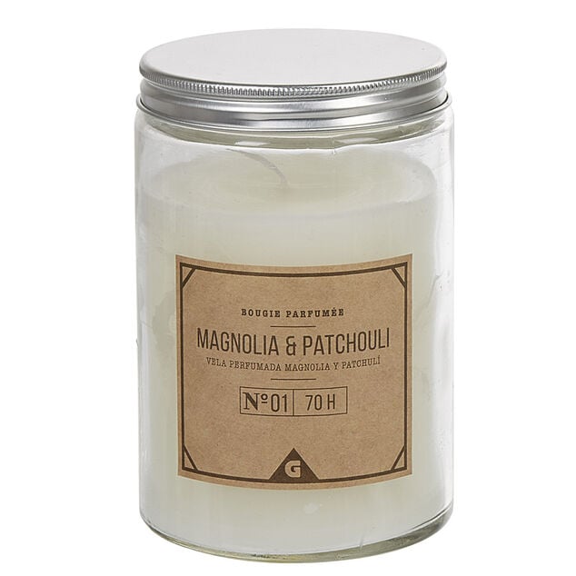 Bougie grise dans pot en pvc couvercle senteur magnolia patchouli