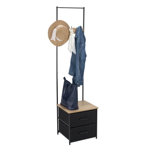 Vestiaire d'entr&eacute;e 3 pat&egrave;res 2 tiroirs bois et m&eacute;tal noir 45x40xH178cm
