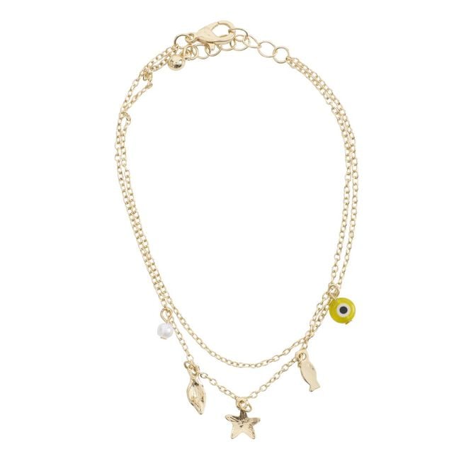 Cha&icirc;ne cheville 2 rangs pampilles et perles m&eacute;tal dor&eacute; &Oslash;11cm