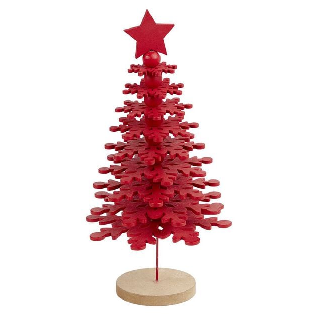 D&eacute;coration No&euml;l sapin &agrave; poser rouge sur socle bois &Oslash;10xH25cm
