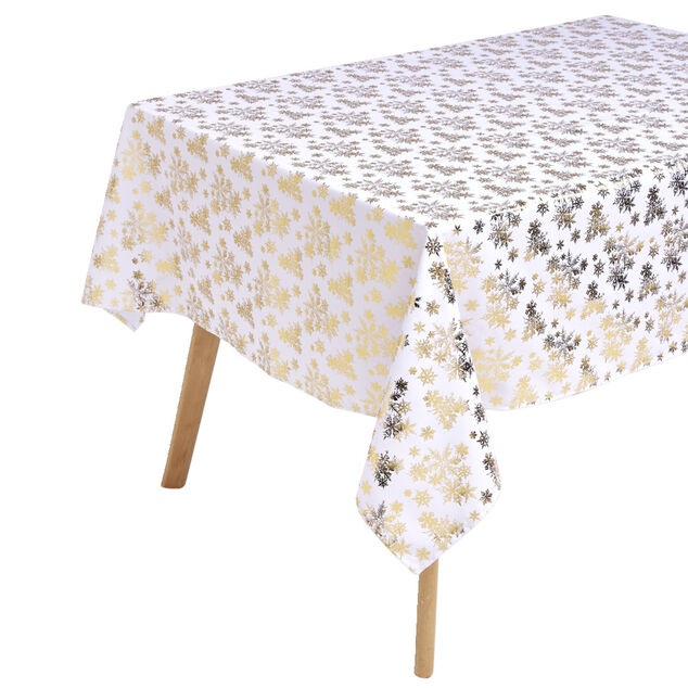 Nappe en tissu blanche motifs &eacute;toiles dor&eacute;es 140x300cm