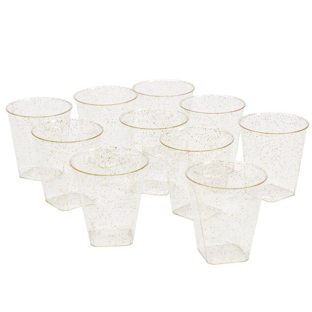 Verrine plastique r&eacute;utilisable x10 ronde dor&eacute;e paillet&eacute;e 3x3xH5cm