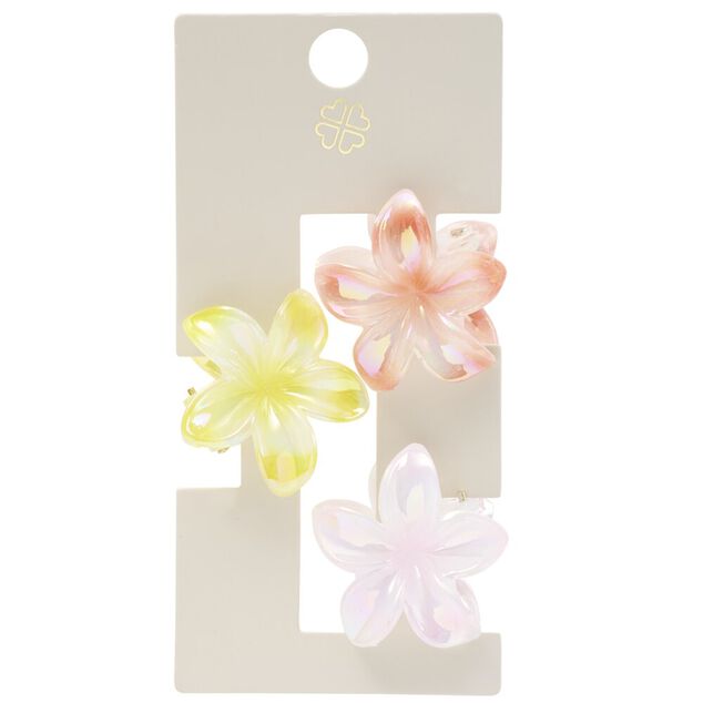 Pince cheveux x3 mini fleur de tiar&eacute; nacr&eacute; plastique jaune rose orange L5cm