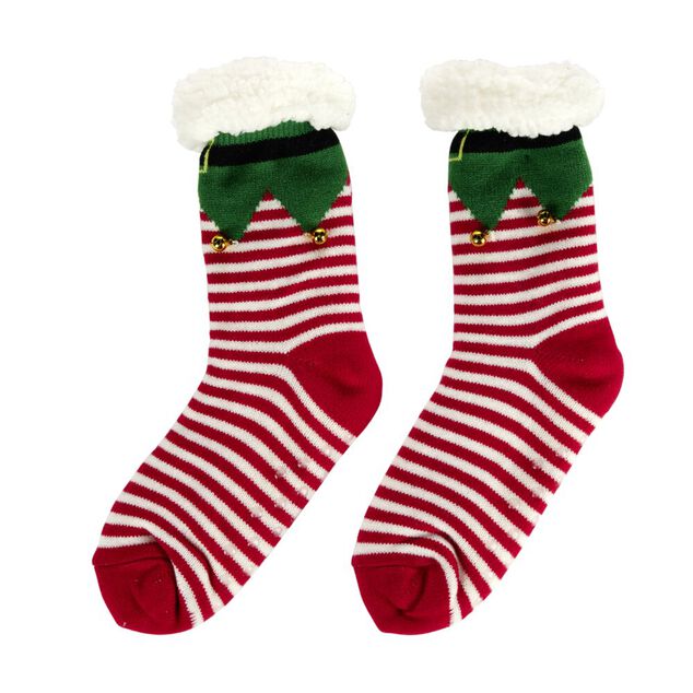 Chaussette X2 lutin de No&euml;l tissu polaire grelot unisexe TU L25X6X&eacute;p.2 cm