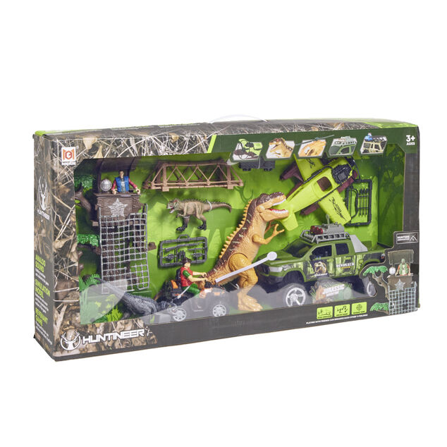 Kit dinosaure sonore et lumineux avec v&eacute;hicule et accessoires