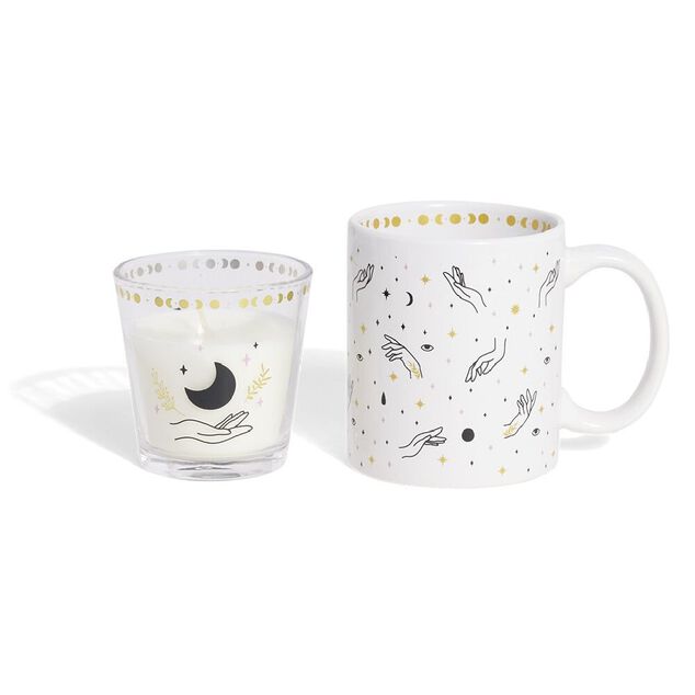 Coffret mug 33cl et bougie motif main blanc et noir