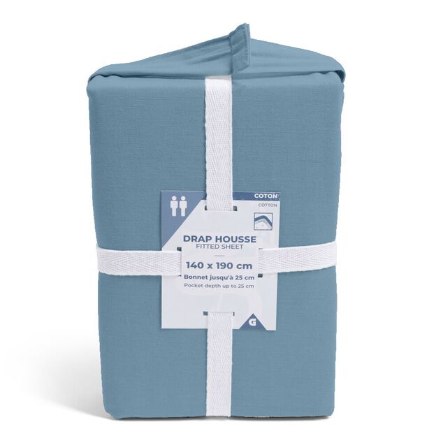 Drap housse 140x190cm 100% coton bleu chin&eacute;