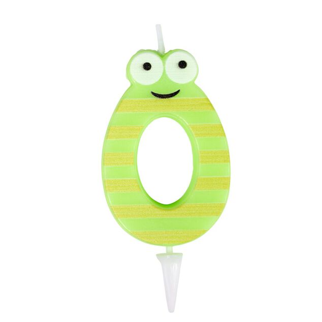 Bougie chiffre 0 cire personnage rayures vert et jaune H8,5cm