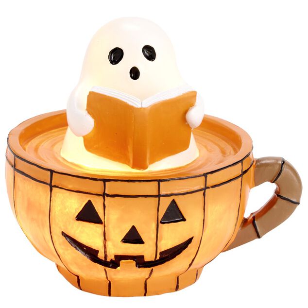 D&eacute;coration Halloween LED tasse fant&ocirc;me citrouille r&eacute;sine orange