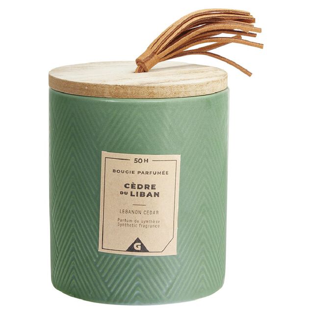 Bougie parfum&eacute;e verte senteur c&egrave;dre du Liban 50H