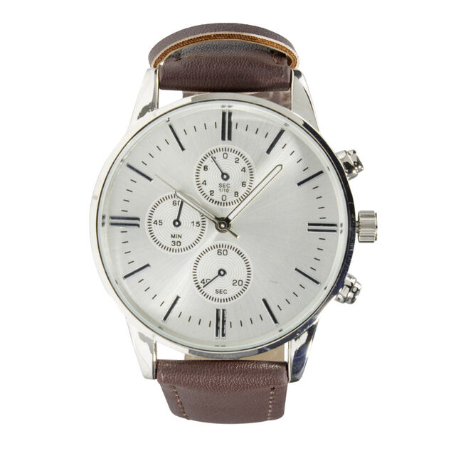 Montre homme cadran rond acier argenté bracelet simili Ø4xH24,5cm