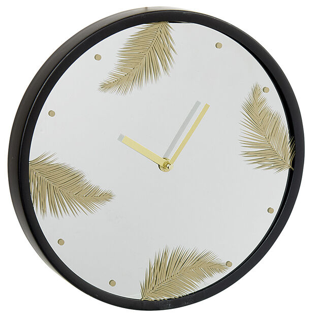 Horloge ronde motif tropical noir dor&eacute;