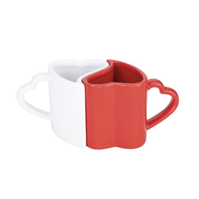 Coffret cadeau mug fa&iuml;ence x2 forme coeur embo&icirc;table rouge et blanc 7x13xH7,5cm