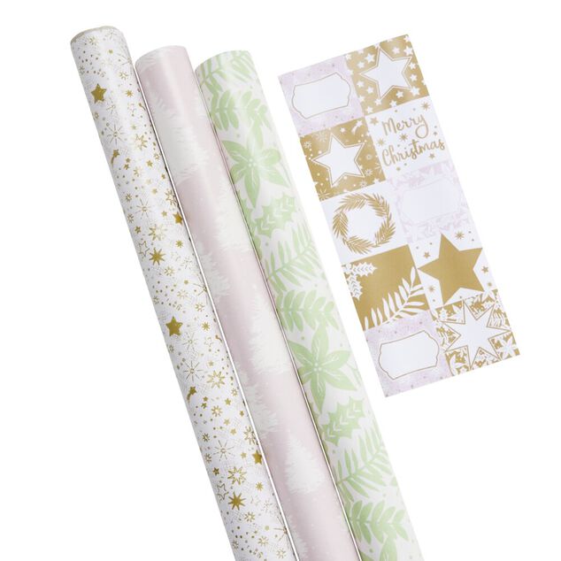 Papier cadeau No&euml;l rouleau x3 avec 20 &eacute;tiquettes autocollantes dor&eacute;es