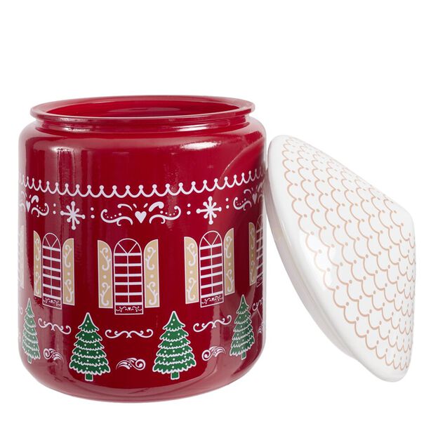 Bonbonni&egrave;re de No&euml;l ronde forme maison en dolomite &Oslash;17XH25 cm rouge