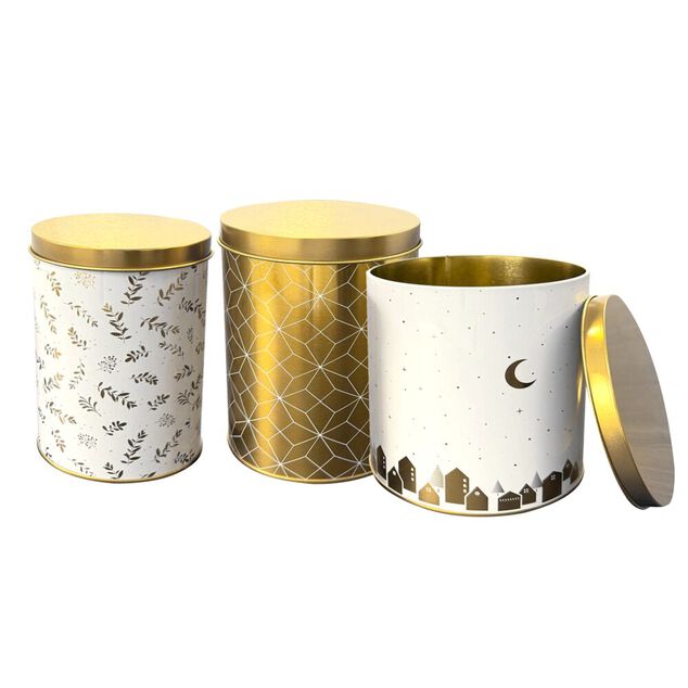 Lot de 3 boîtes alimentaires décor Noël métal blanc et doré 3 tailles