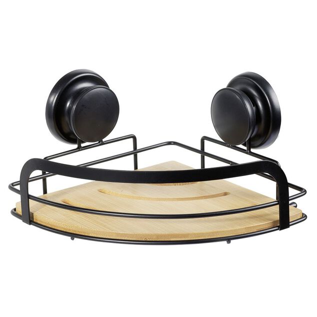 Serviteur de douche d'angle bambou et m&eacute;tal noir