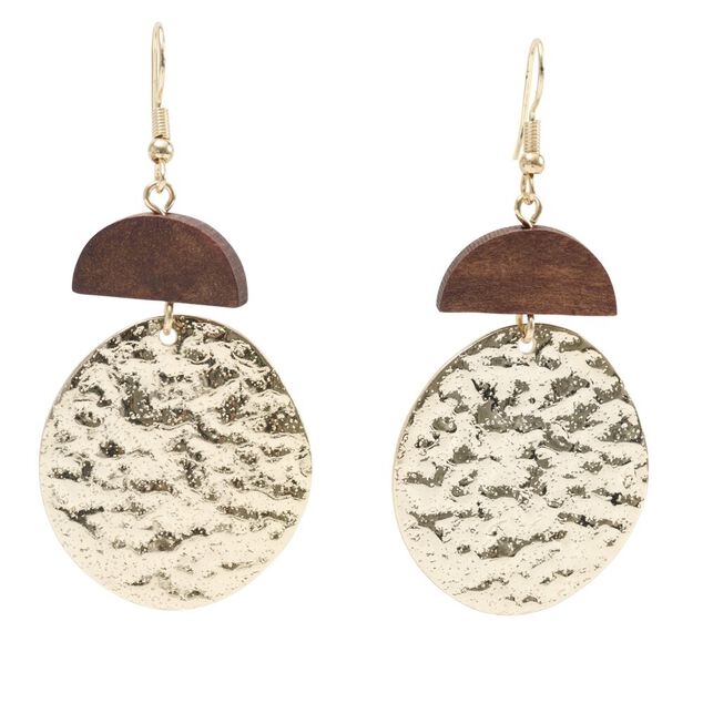 Boucles d'oreilles bois et m&eacute;tal martel&eacute; dor&eacute; L3,5cm