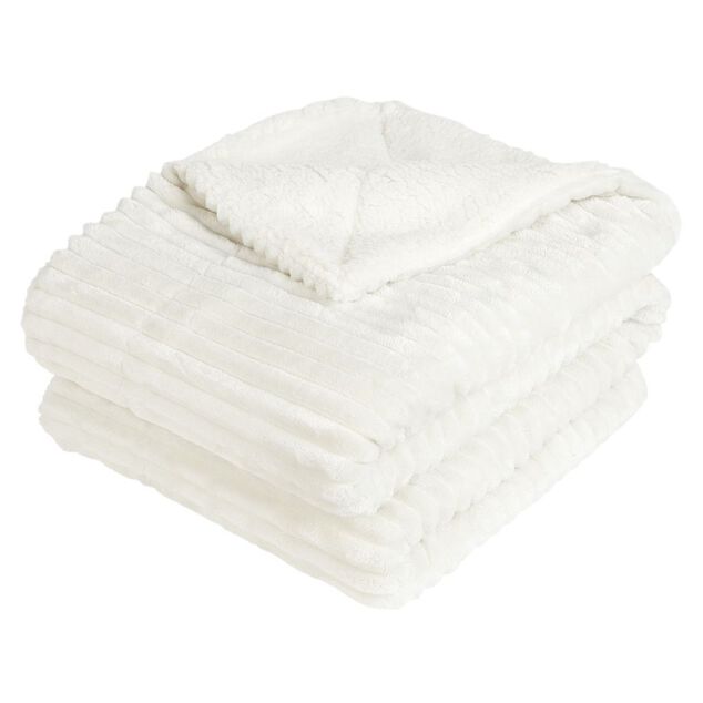 Plaid côtelé uni ivoire avec dos sherpa 130x160 cm