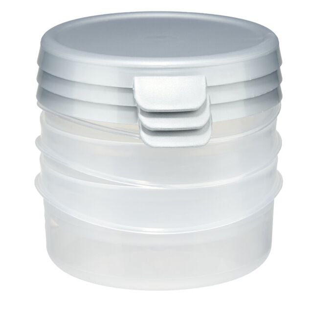 Bo&icirc;te alimentaire ronde 25cl x3 plastique avec couvercle &Oslash;10xH4cm (3 mod&egrave;les)