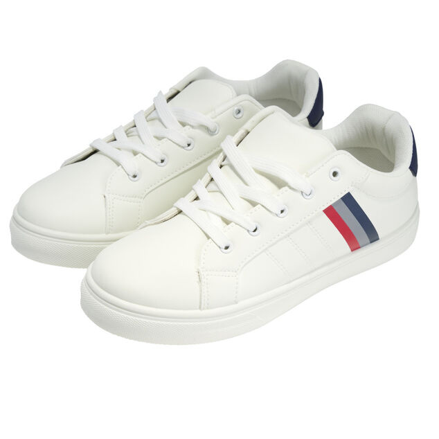 Baskets unisexe simili blanc rayures rouges et bleues T43