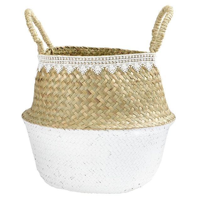 Pani&egrave;re en jute blanc naturel d&eacute;cor dentelle &Oslash;28xH25 cm