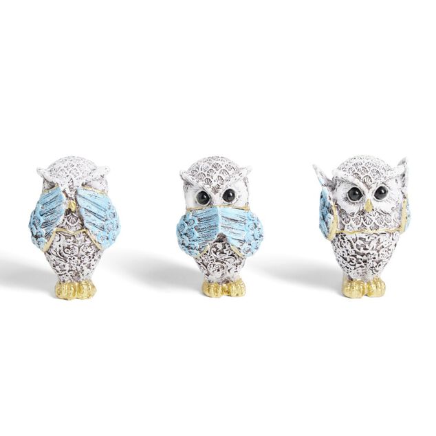 Hibou de la sagesse x3 en polyr&eacute;sine bleu et dor&eacute; H7cm