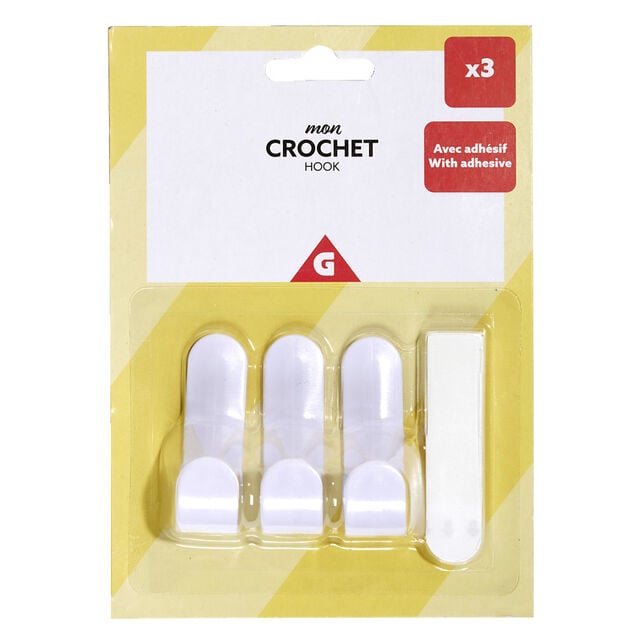 Lot de 3 crochets plastique blanc