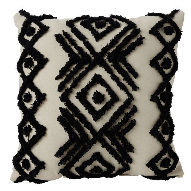 Coussin de sol tuft&eacute; ethnique 50x50cm beige et noir