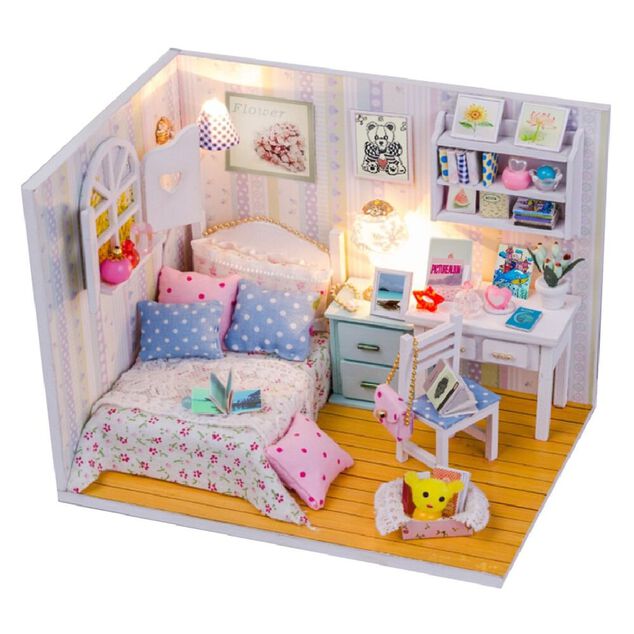 Maison miniature &agrave; assembler avec lumi&egrave;re LED - Chambre