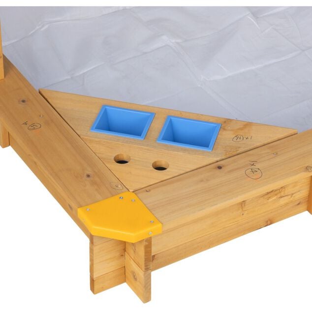 Bac &agrave; sable avec toit inclinable en bois et toile bleue 118x118xH118cm