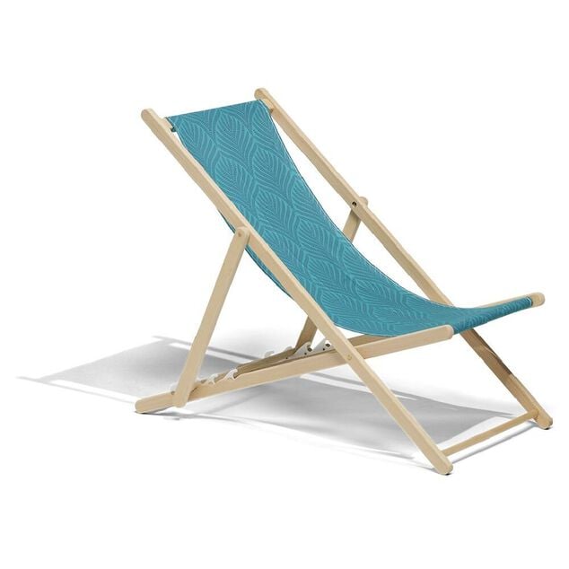 Chilienne h&ecirc;tre et tissu agraf&eacute; coton bleu design palme 96x56xH96cm