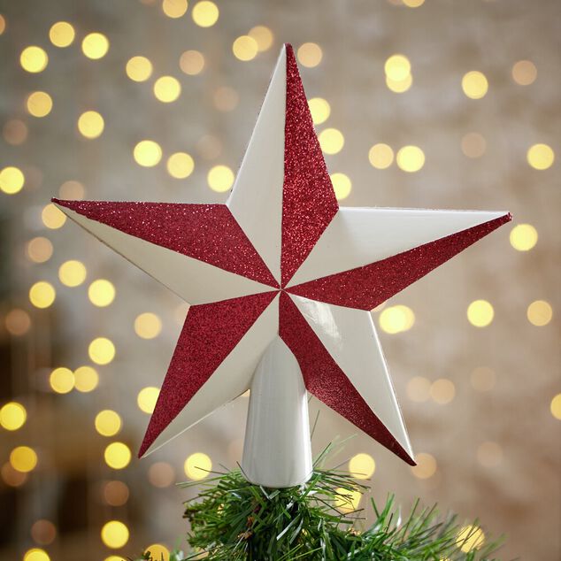Cimier de sapin forme &eacute;toile blanc et rouge 22x2,5xH25cm