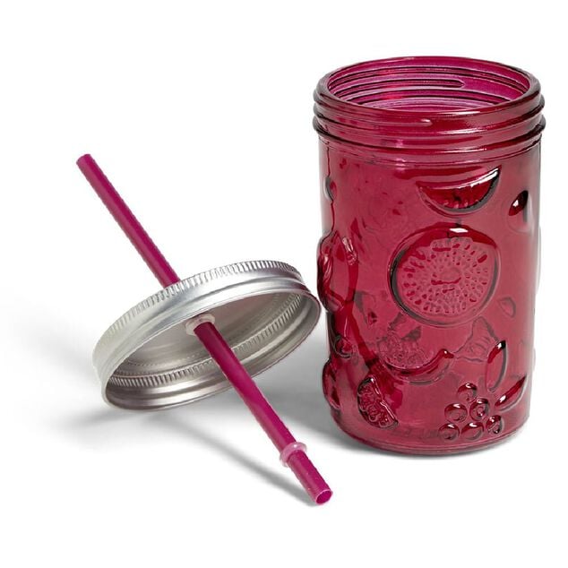 Gobelet 500ml en verre couvercle m&eacute;tal avec paille - 3 coloris