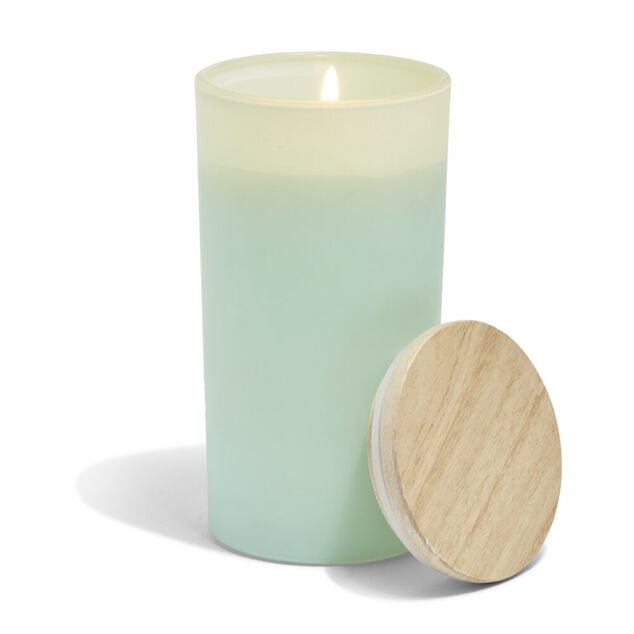 Bougie citronnelle couvercle bois verre vert &Oslash;8xH15cm