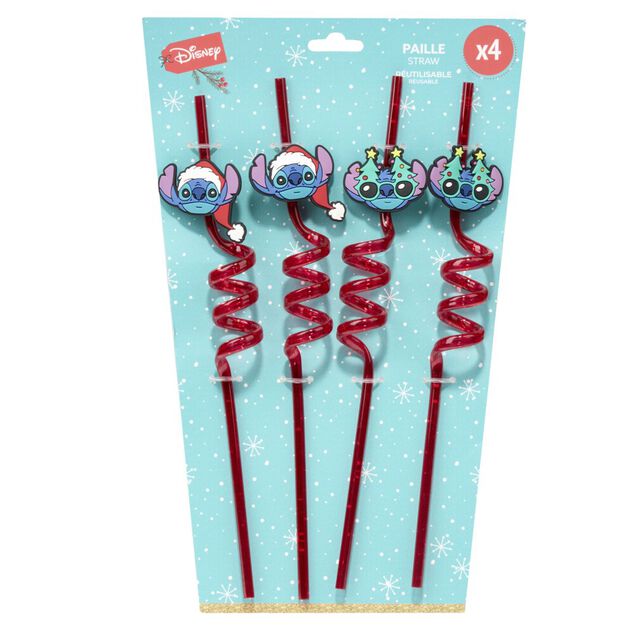 Paille torsad&eacute;e r&eacute;utilisable x4 Disney Stitch No&euml;l