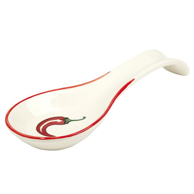 Repose-cuill&egrave;re en c&eacute;ramique blanche motif piment rouge L16cm