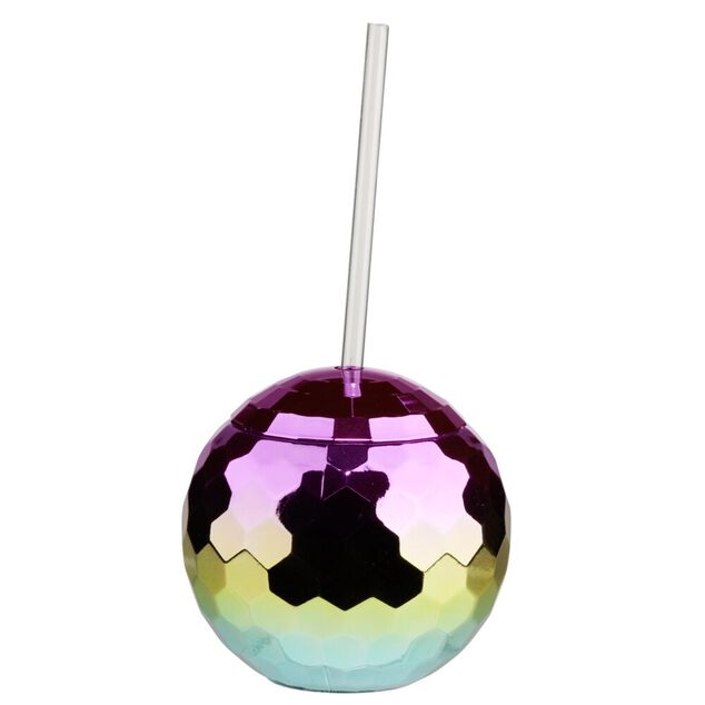 Gobelet boule disco avec paille plastique couleur d&eacute;grad&eacute; &Oslash;11cm