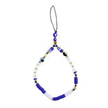 Bijou de t&eacute;l&eacute;phone perles dor&eacute; blanc bleu L17cm